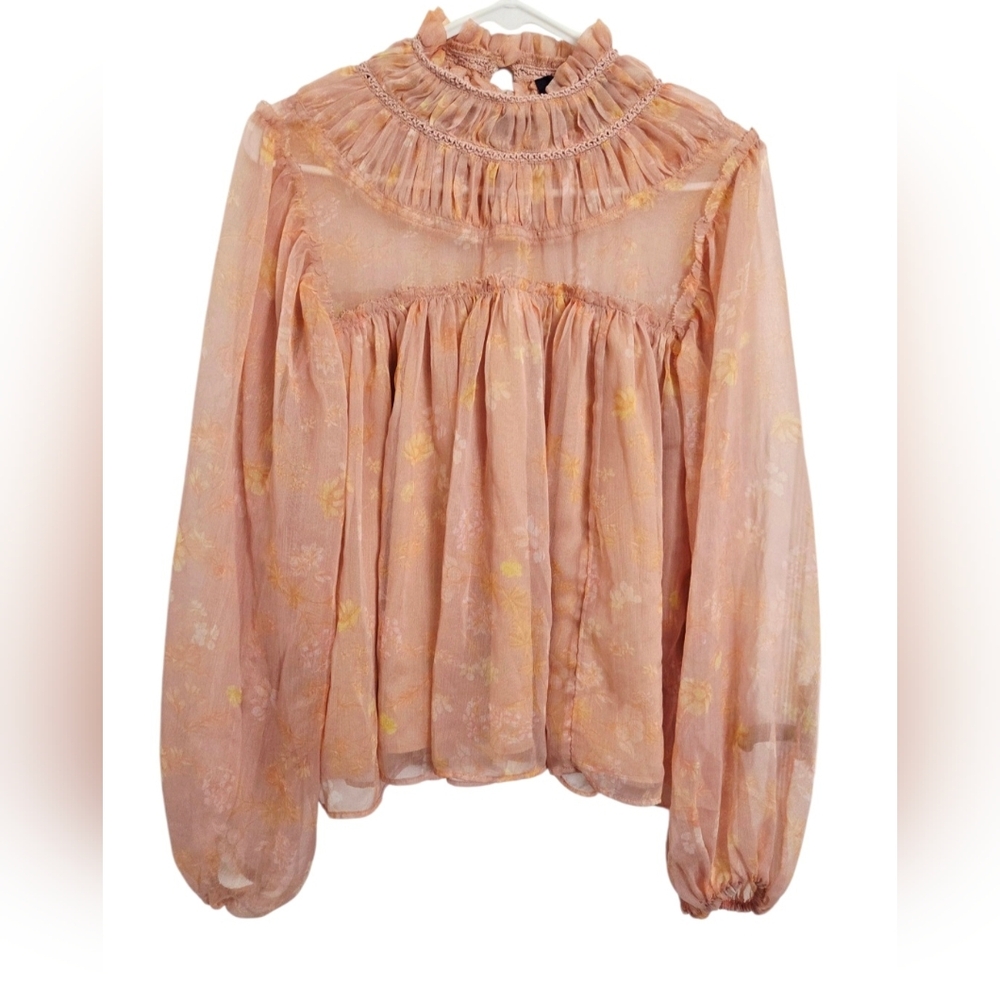 French Connection Peach Pink Sheer Ruffle Floral Blouse Romantic Cottagecore S